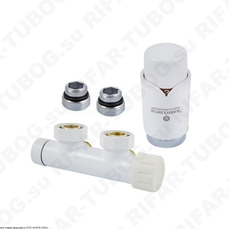 602100001 Schlosser Комплект подключения Duo-Plex с термоголовкой Brillant M30x1,5, угловой правый, G 3/4 НГ х М22x1,5 НР, 2 ниппеля G1/2 x G3/4, Белый