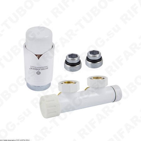 602100003 Schlosser Комплект подключения Duo-Plex с термоголовкой Brillant M30x1,5, угловой левый, G 3/4 НГ х М22x1,5 НР, 2 ниппеля G1/2 x G3/4, Белый