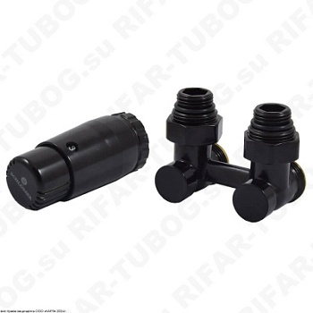 600800067.RAL9005 Schlosser Комплект нижнего подключения с термоголовкой Mini Diamant М30х1,5, угловой, G 3/4 НГ х G 3/4 НР, 2 ниппеля G1/2 x G3/4, RAL9005