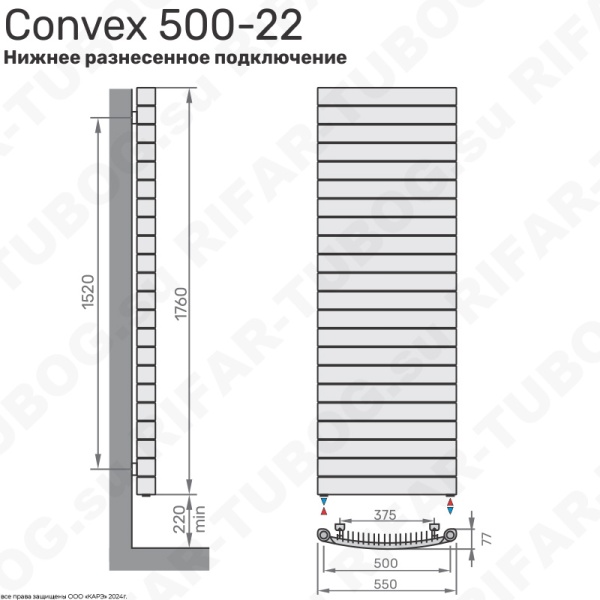 Биметаллический радиатор RIFAR CONVEX 500 - 22 сек., подключение нижнее разнесенное, белый (глянцевый)