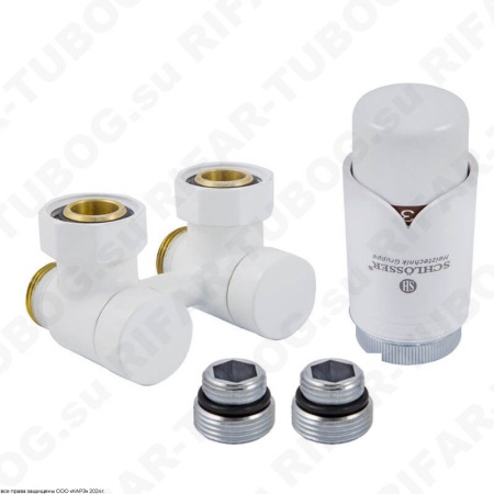 601000020 Schlosser Комплект нижнего подключения Exclusive с термоголовкой Brillant, угловой, G 3/4 НГ х М22x1,5 НР, 2 ниппеля G1/2 x G3/4, Белый