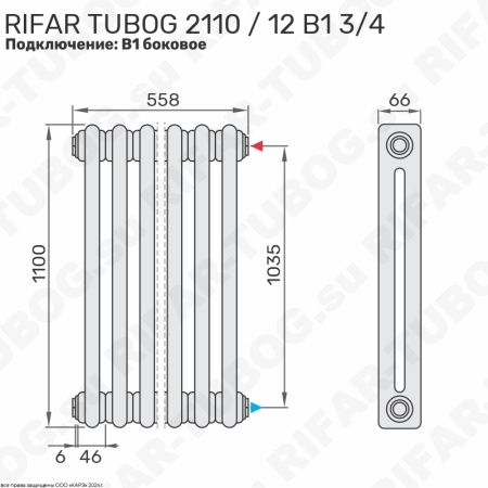 Радиатор 2-х трубчатый RIFAR TUBOG 2110 - 12 сек, подключение боковое универсальное (B1-B4), цвет WH — Белый (глянцевый)