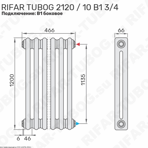 Радиатор 2-х трубчатый RIFAR TUBOG 2120 - 10 сек, подключение боковое универсальное (B1-B4), цвет TL — Технолак (глянцевый)