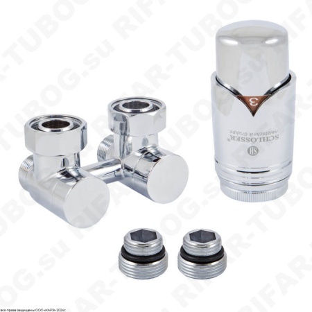 601000025 Schlosser Комплект нижнего подключения Exclusive с термоголовкой Brillant, проходной, G 3/4 НГ х М22x1,5 НР, 2 ниппеля G1/2 x G3/4, CR