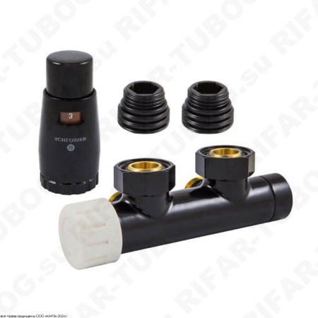 602100102 Schlosser Комплект подключения Duo-Plex с термоголовкой Brillant M30x1,5, угловой левый, G 3/4 НГ х М22x1,5 НР, 2 ниппеля G1/2 x G3/4, RAL9005