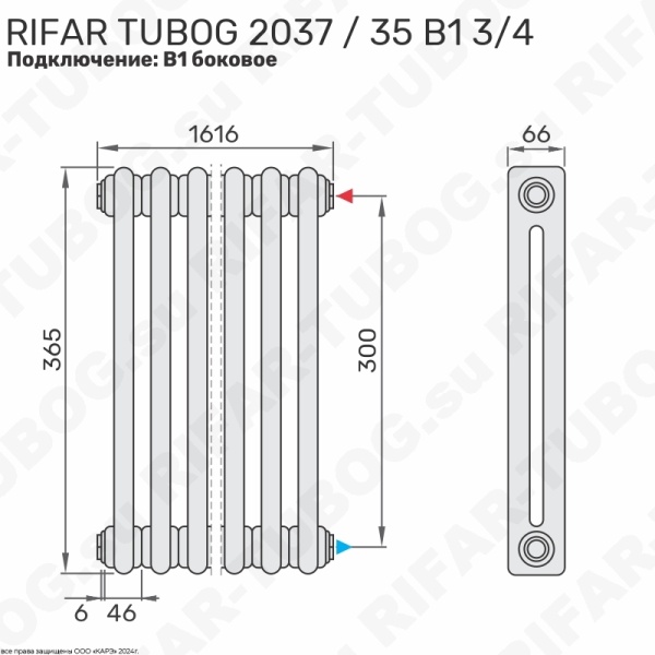 Радиатор 2-х трубчатый RIFAR TUBOG 2037 - 35 сек, подключение боковое универсальное (B1-B4), цвет TL — Технолак (глянцевый)