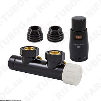 602100101 Schlosser Комплект подключения Duo-Plex с термоголовкой Brillant M30x1,5, угловой правый, G 3/4 НГ х М22x1,5 НР, 2 ниппеля G1/2 x G3/4, RAL9005